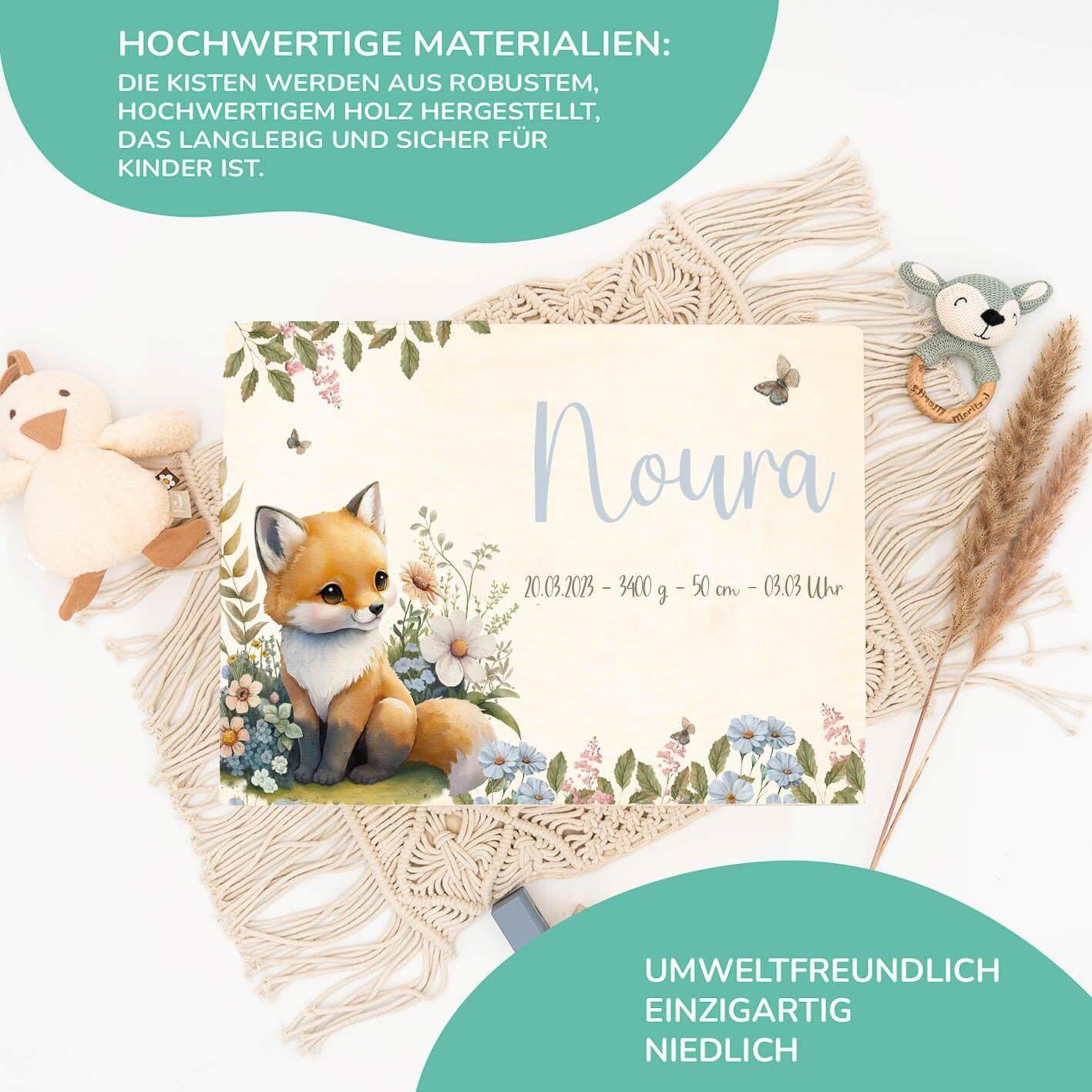 close-up of memory box with baby fuchs motif