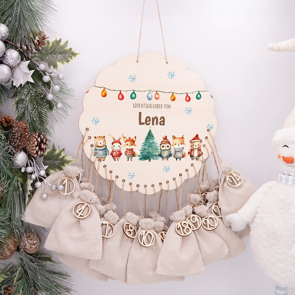 Personalisierter runder Adventskalender Kinder aus Holz  - Niedliche Waldfreunde