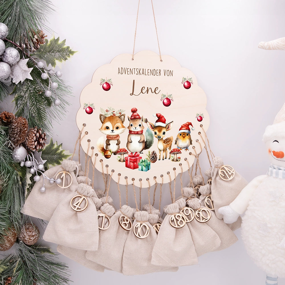 Personalisierter runder Adventskalender Kinder aus Holz  - Tierische Weihnachtsfeier