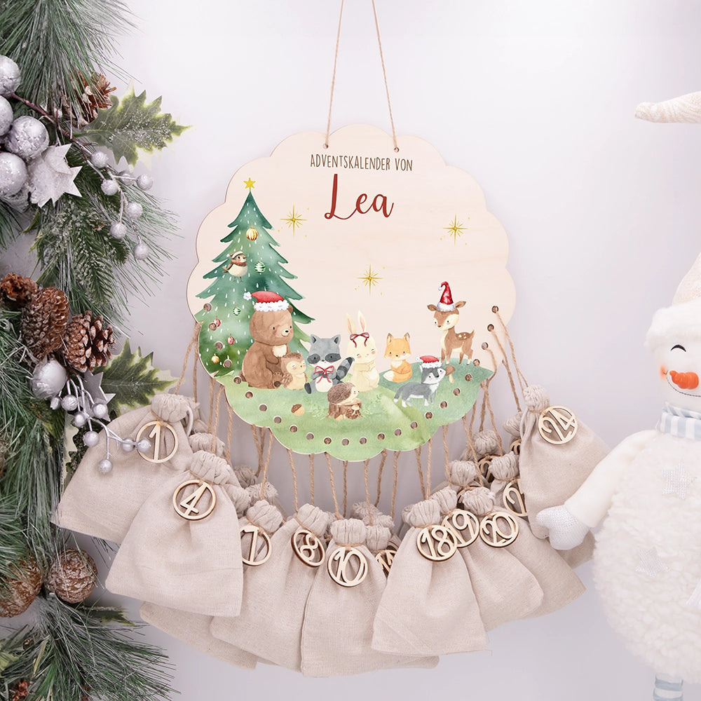 Personalisierter runder Adventskalender Kinder aus Holz  - Niedliche Waldfreunde