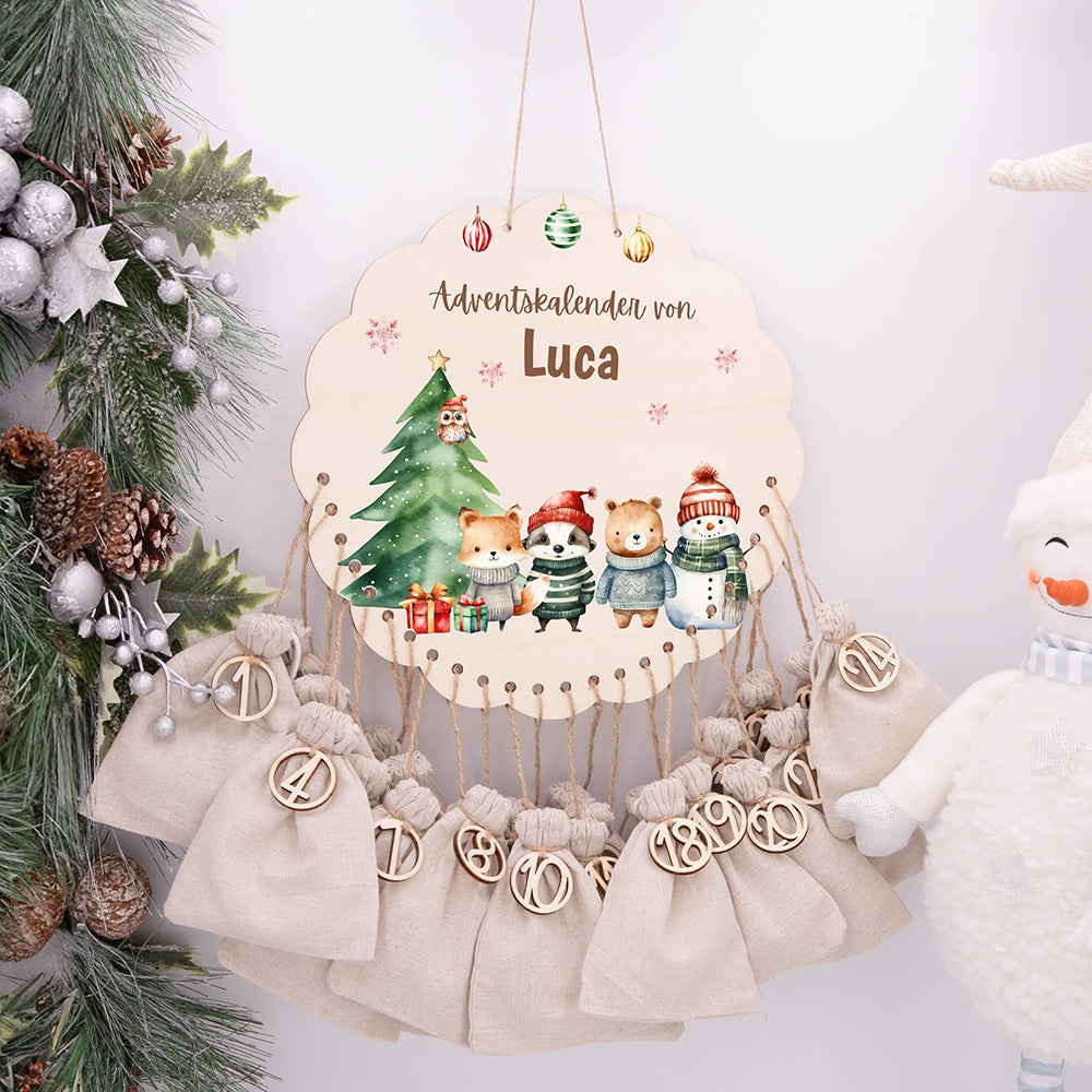 Personalisierter runder Adventskalender Kinder aus Holz  - Tierische Weihnachtsbande