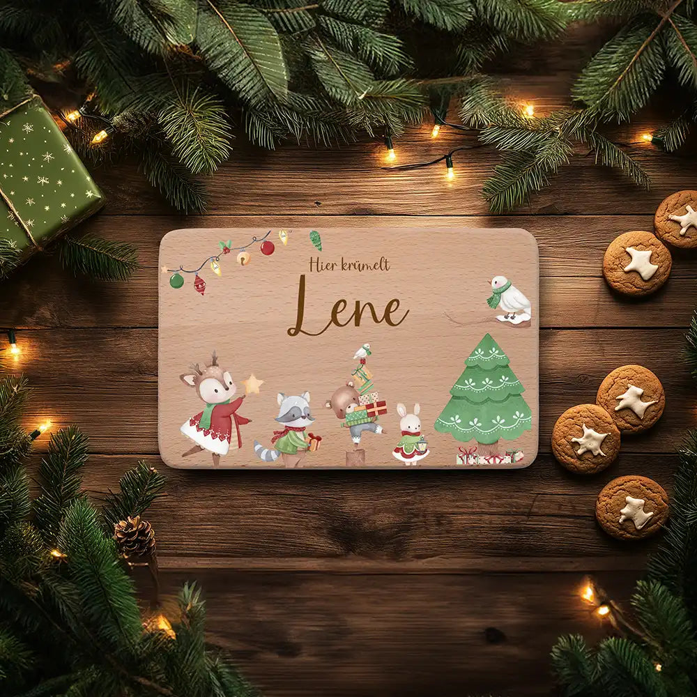 Frühstücksbrettchen Weihnachten Tiere und Weihnachtsbaum - Geschenk Weihnachten
