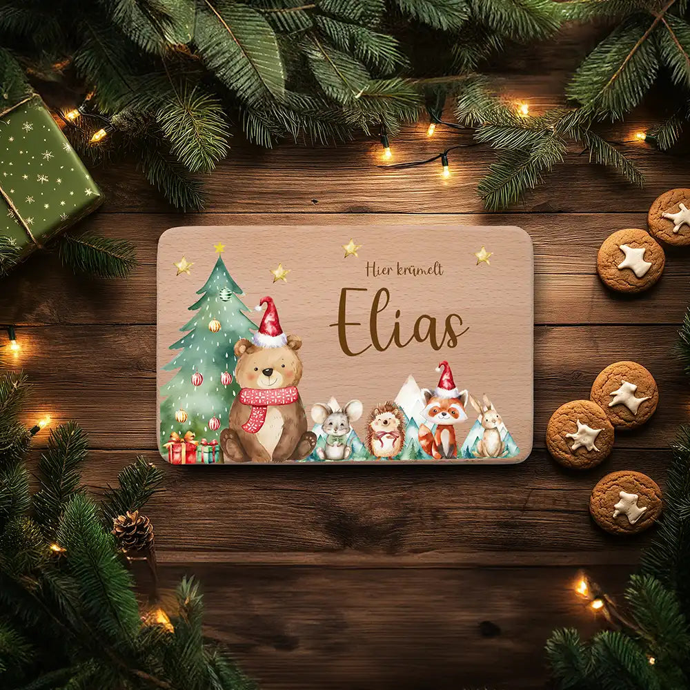 Frühstücksbrettchen Weihnachten Bär und Weihnachtsbaum - Geschenk Weihnachten