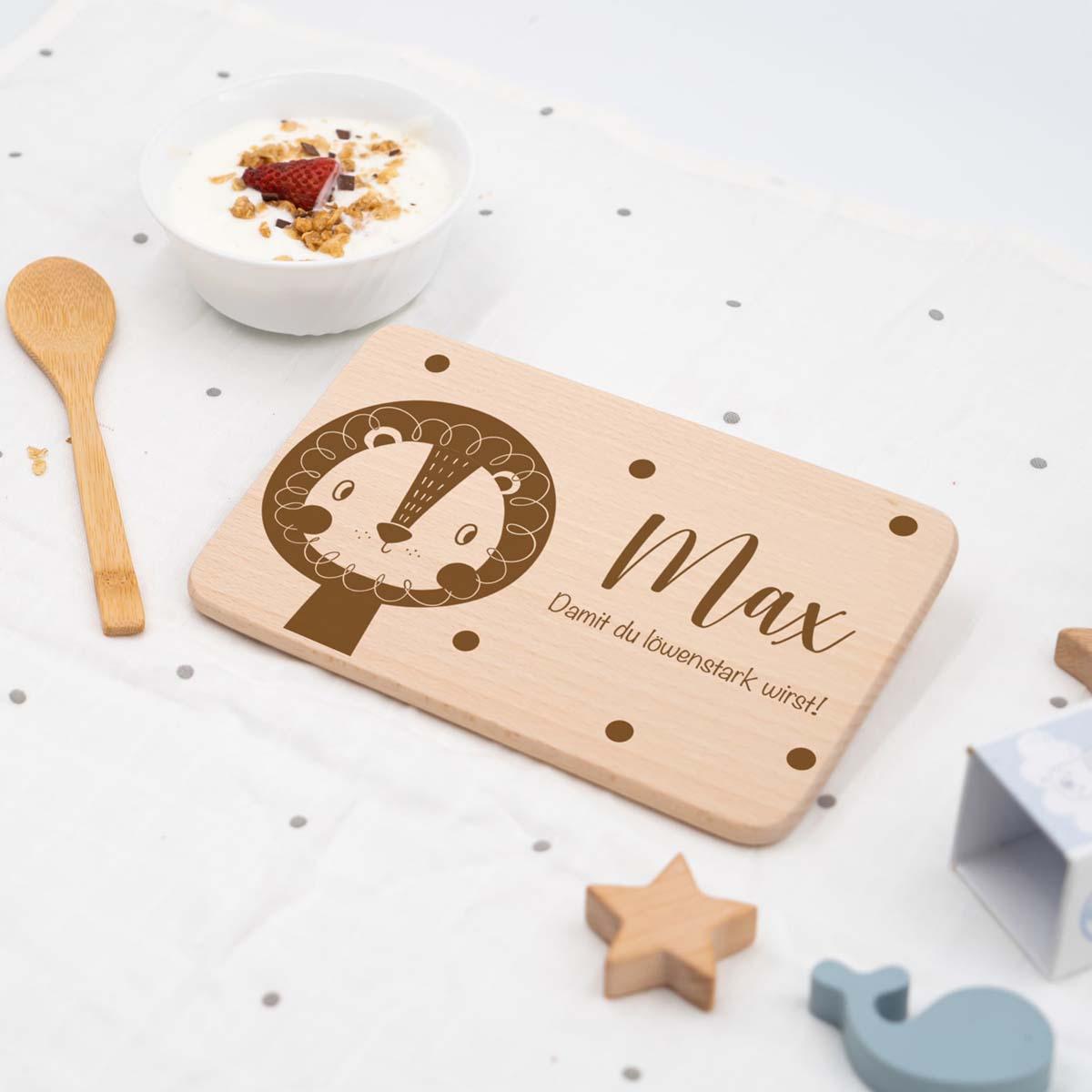 close-up of lion design on personalized breakfast board