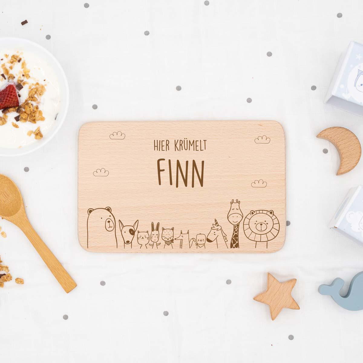 breakfast board with animal family motif and personalized name