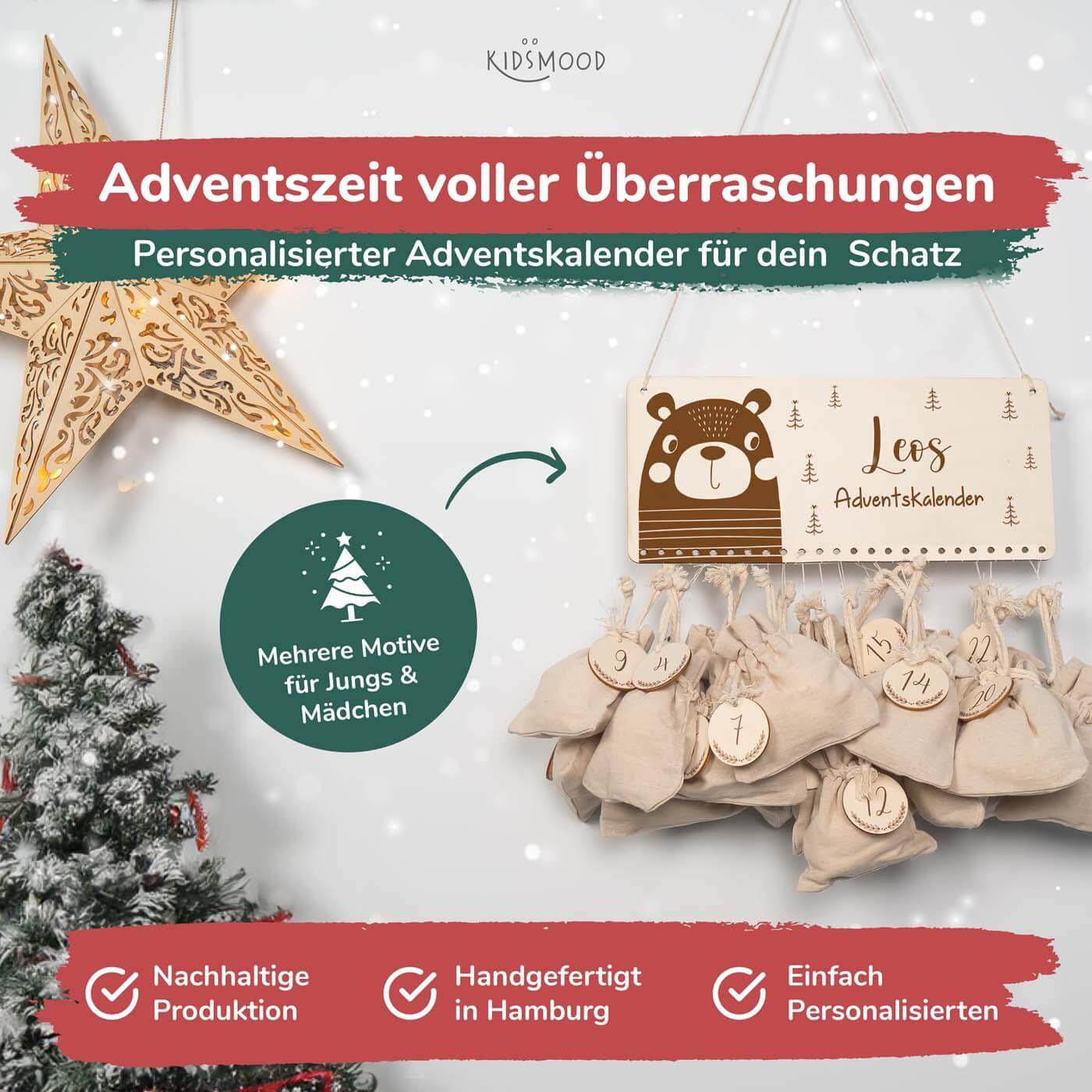 close-up of bear design on personalized advent calendar