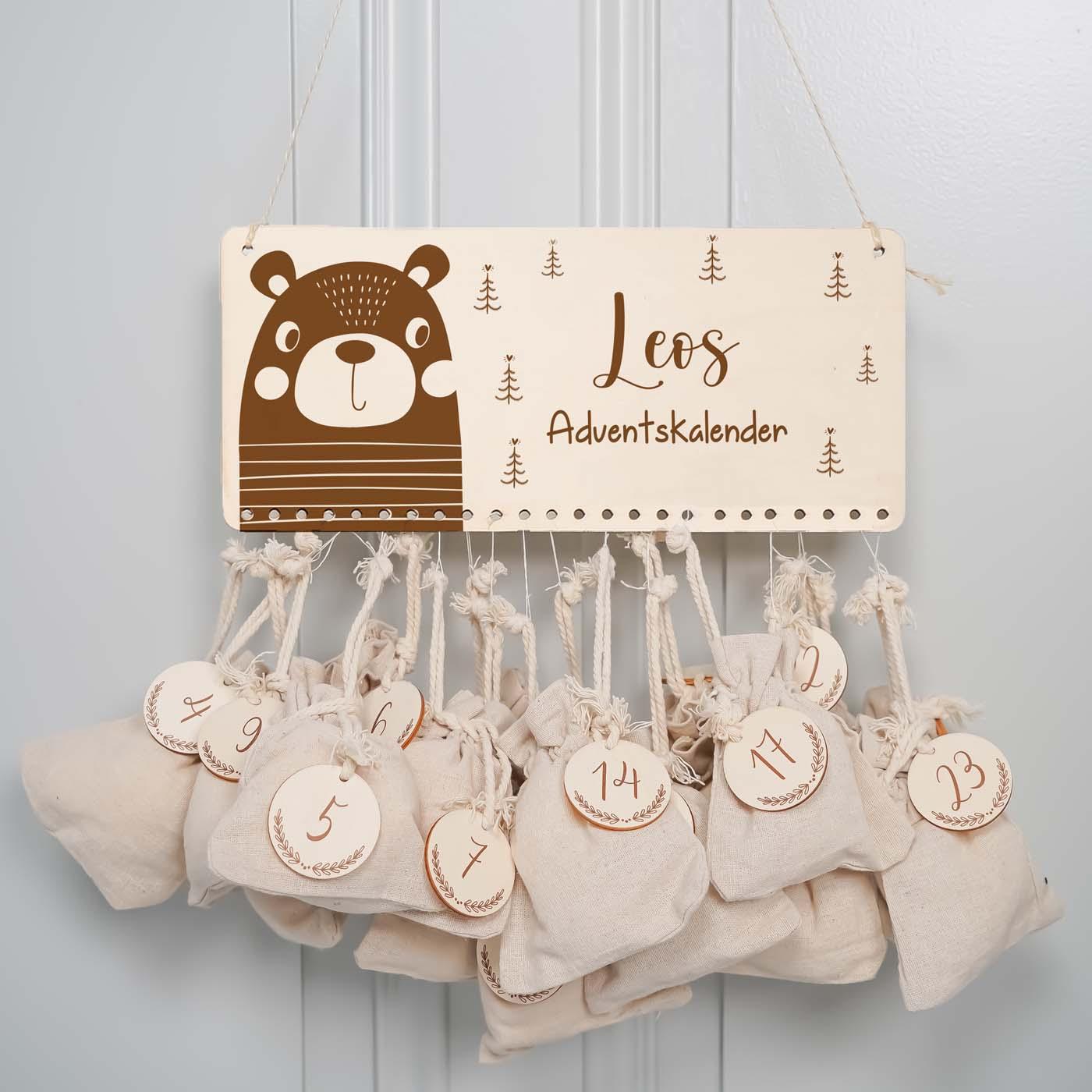 handcrafted advent calendar with personalized bear engraving