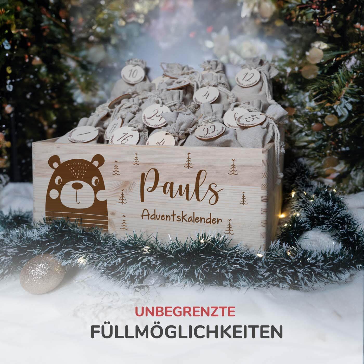 adventskalender mit bär motiv und individuellem namen
