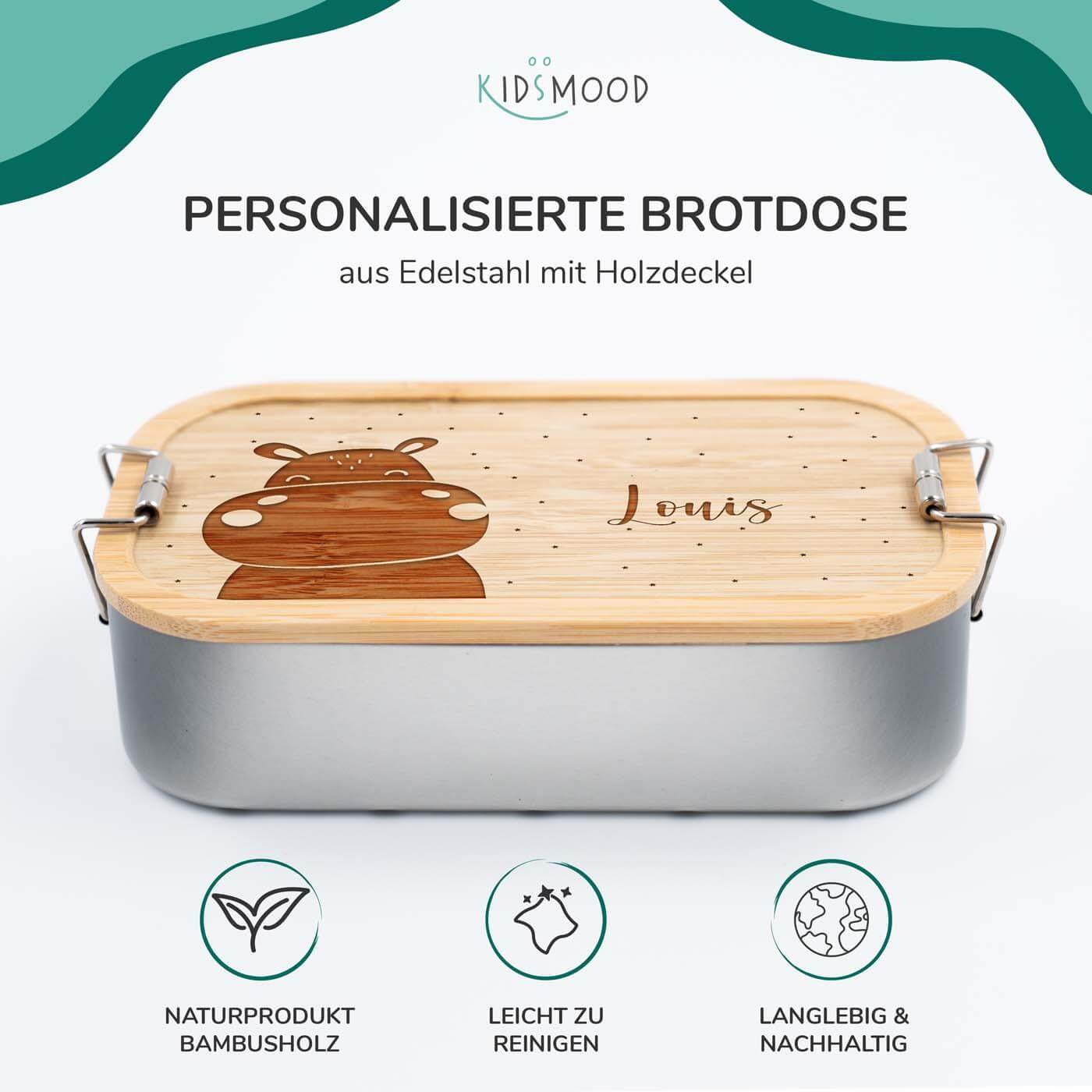 engraved lunchbox with hippopotamus and custom name