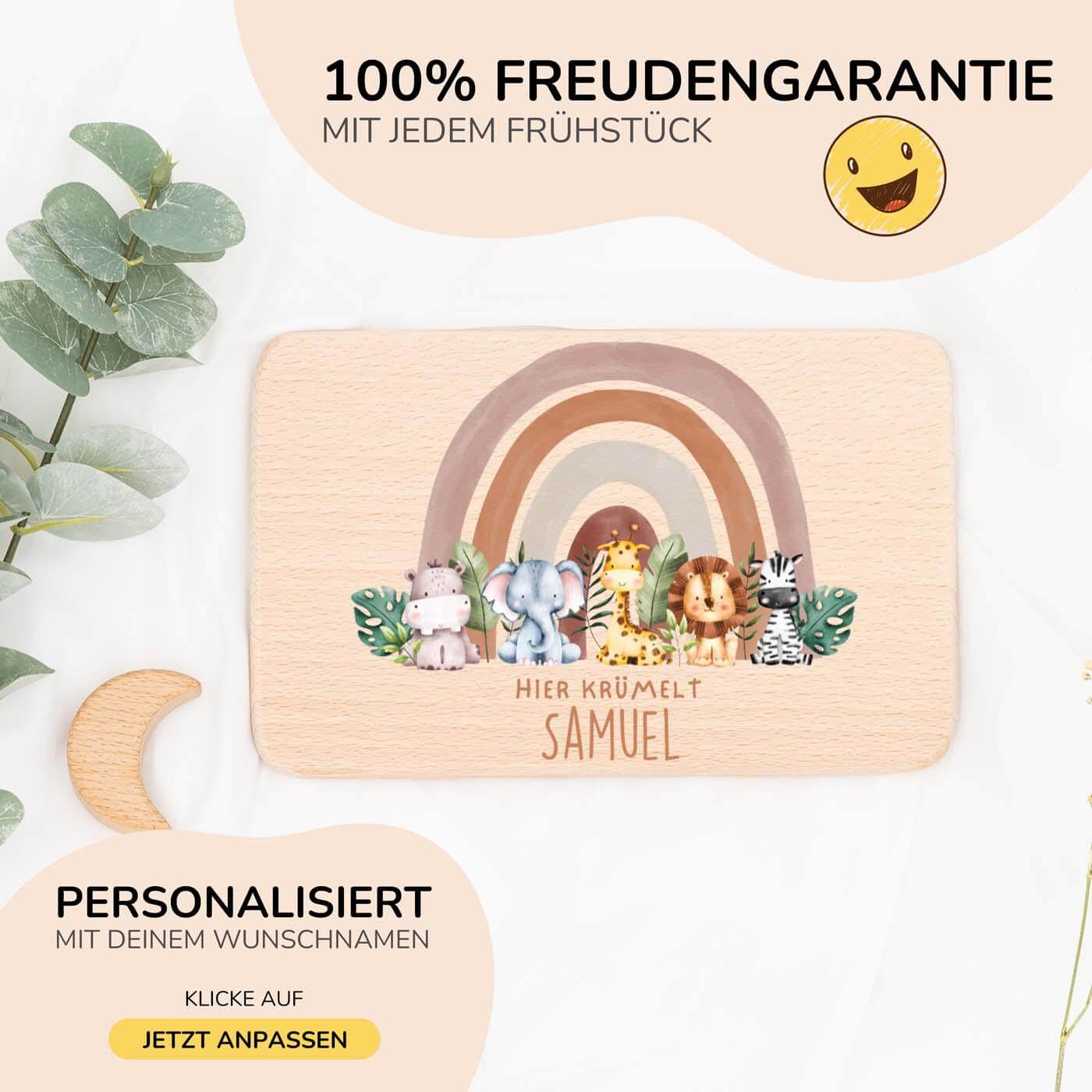 frühstücksbrettchen mit tierfamilie-regenbogen motiv und individuellem namen