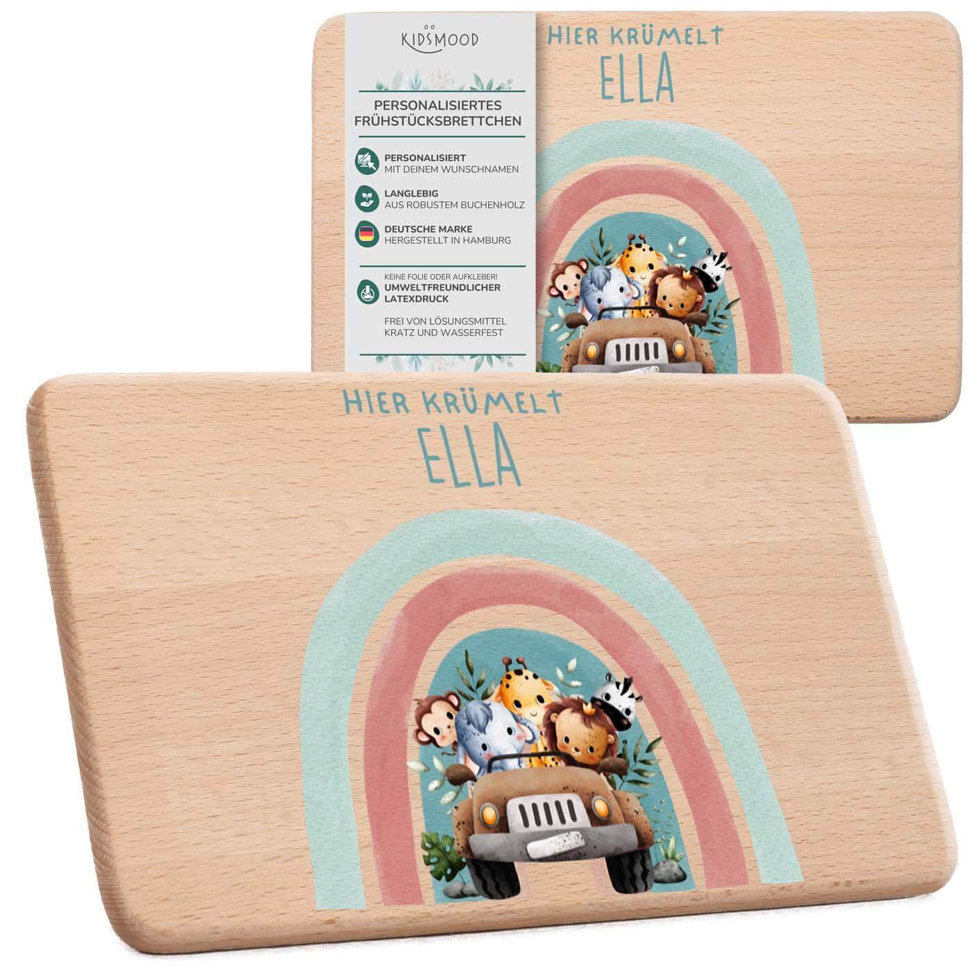 personalisiertes geschenk frühstücksbrettchen mit regenbogen-safari design