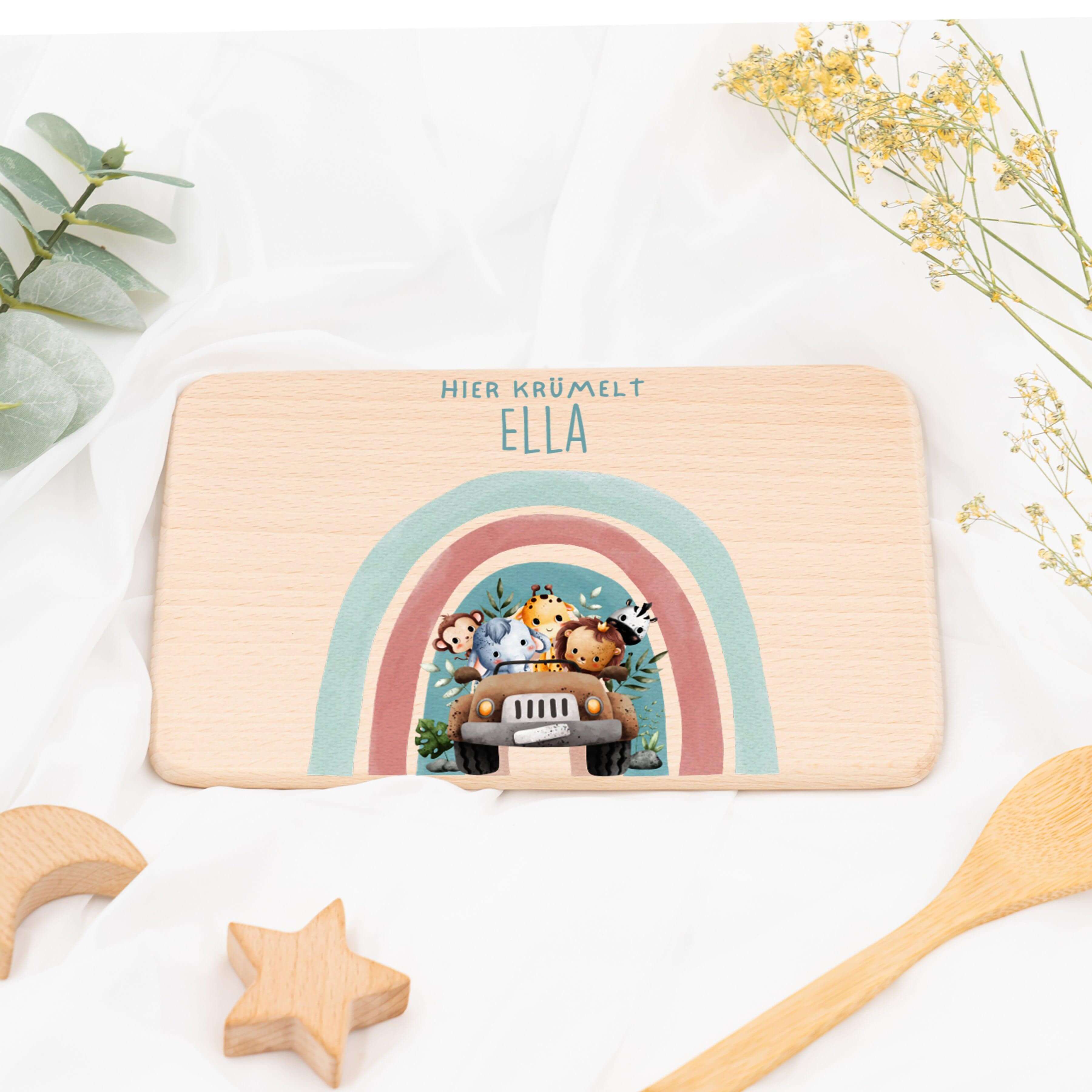 personalisiertes frühstücksbrettchen mit regenbogen-safari design