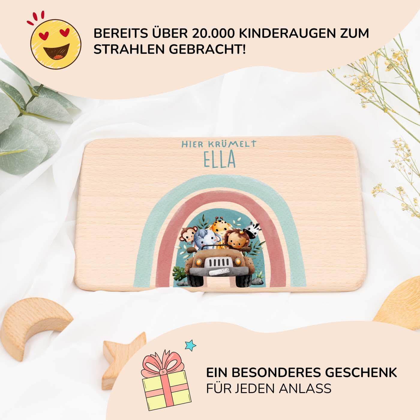 hochwertiges frühstücksbrettchen mit regenbogen-safari personalisiert