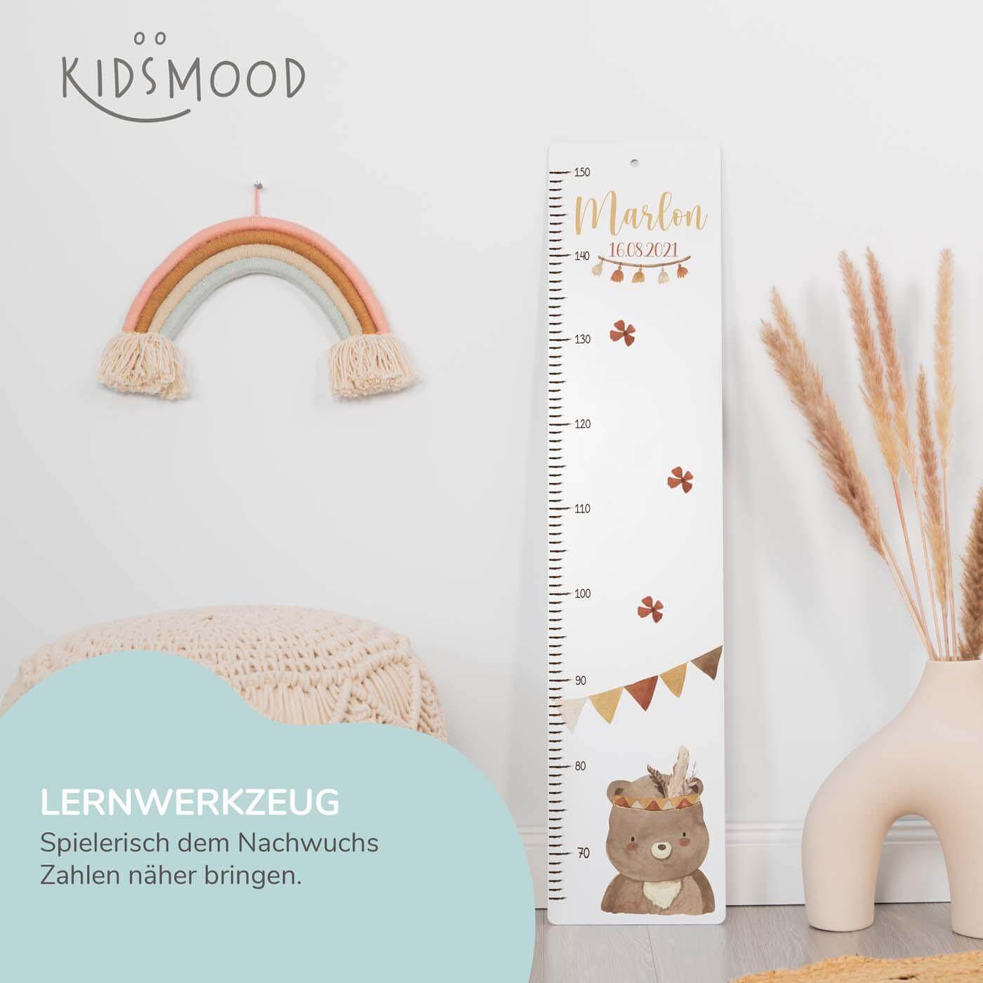 hochwertige aluverbund-holz messlatte mit bär boho personalisiert