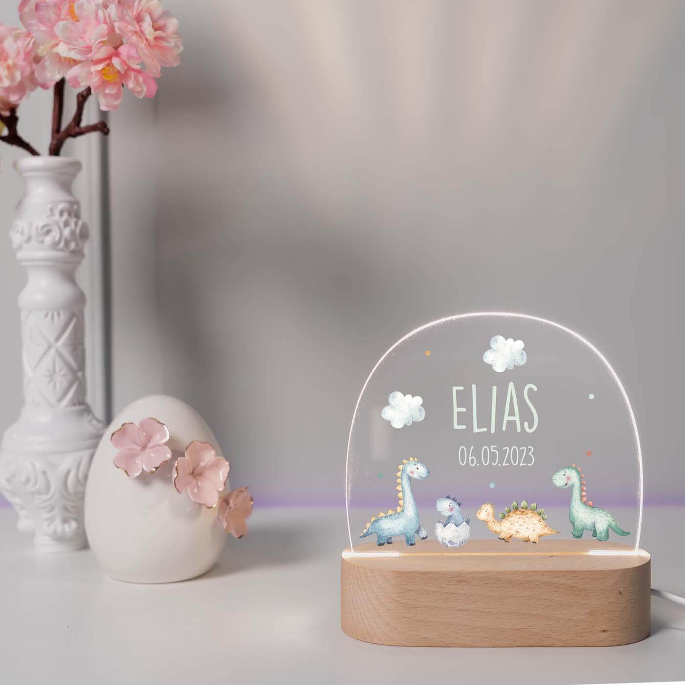 engraved night lamp with baby dinosaurs and custom name