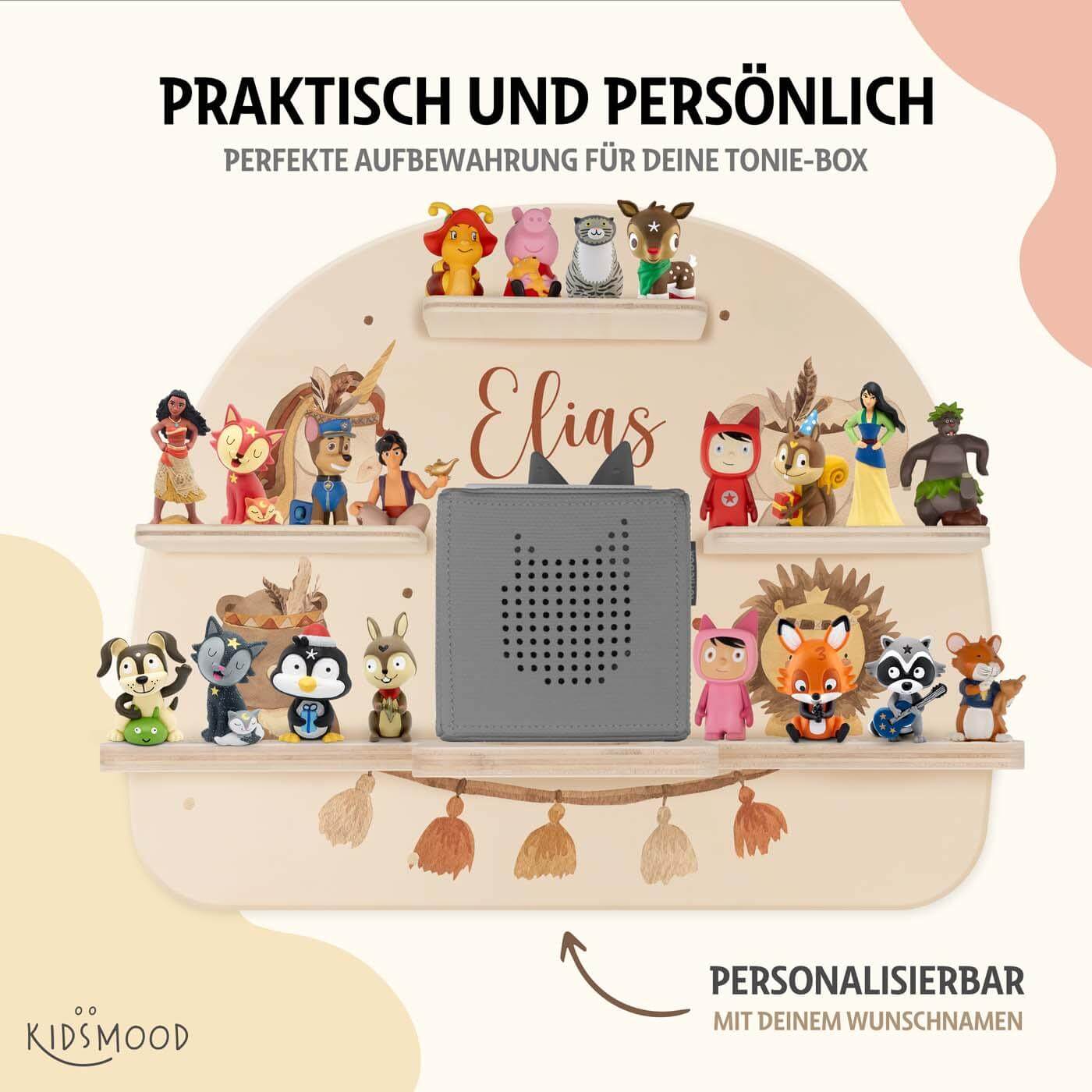 nahaufnahme des tonie-regals mit boho tierfamilie motiv