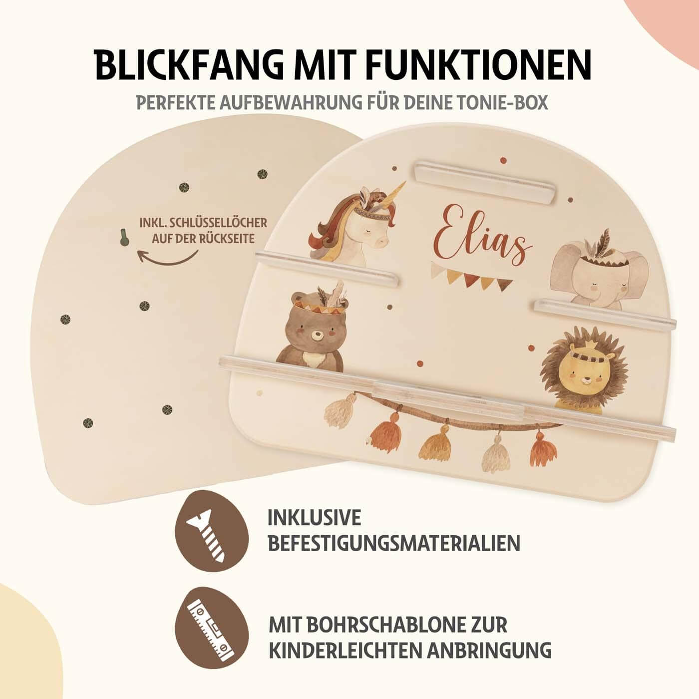 hochwertiges tonie-regal mit boho tierfamilie personalisiert