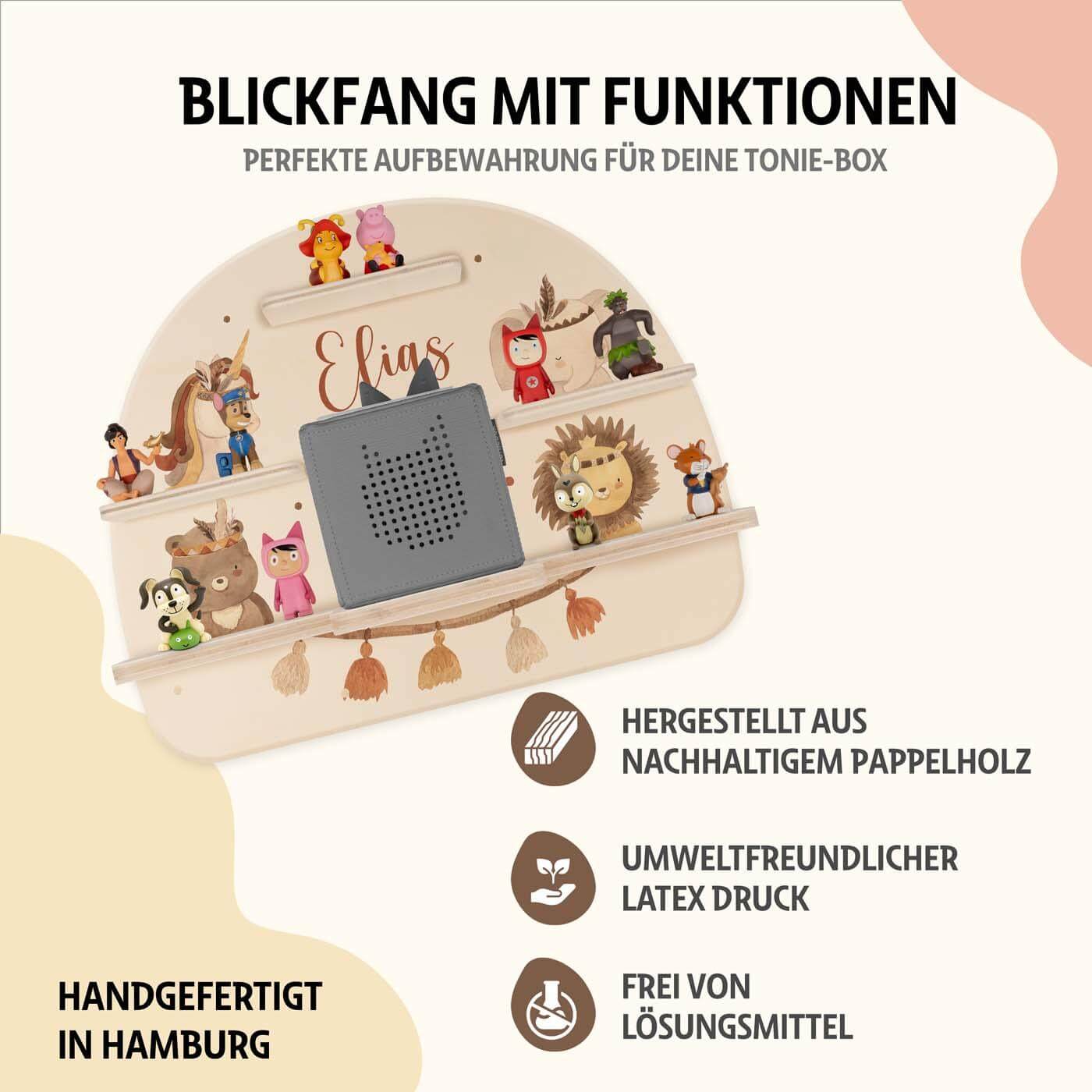 detailansicht des boho tierfamilie designs auf dem tonie-regal