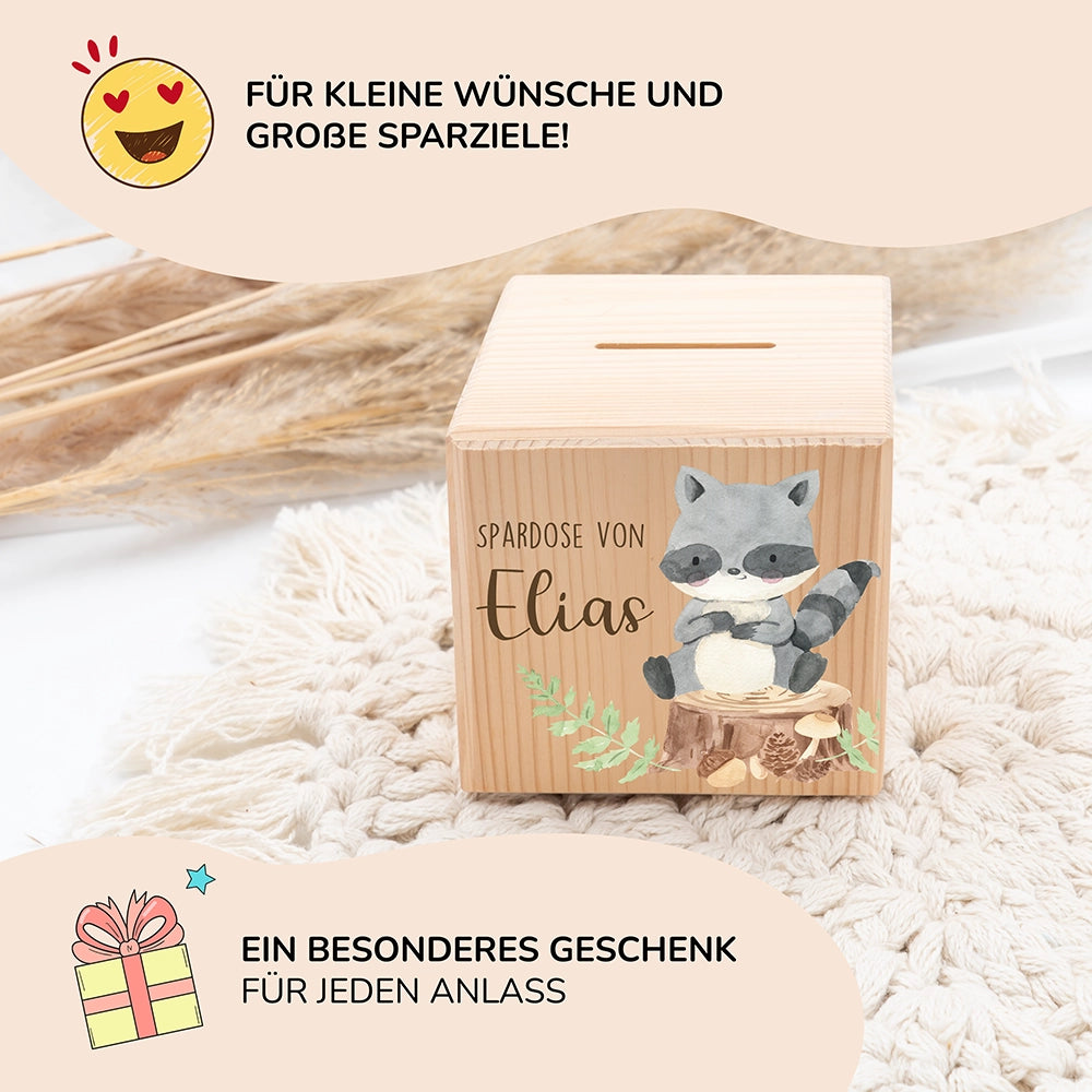 Spardose Kinder, Sparschwein personalisiert bunt - Waschbär