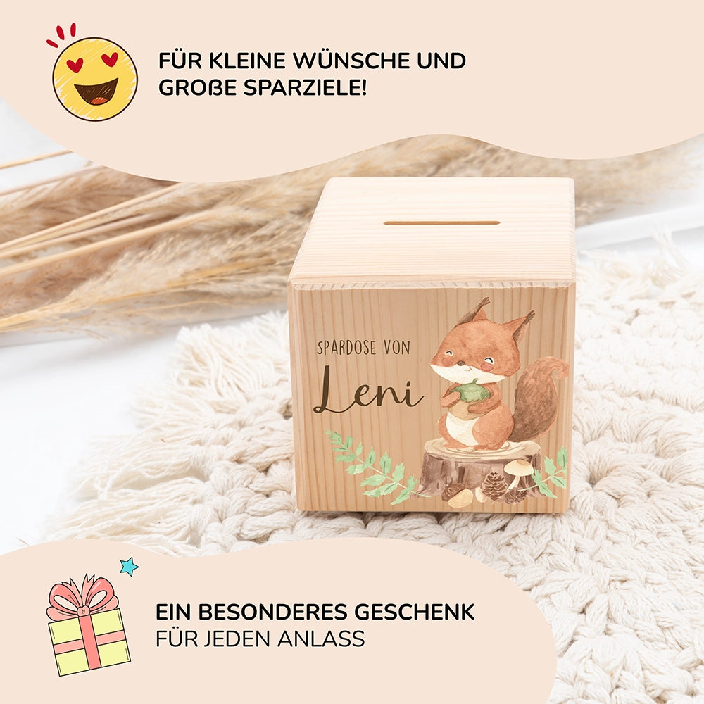 Spardose Kinder, Sparschwein personalisiert bunt - Eichhörnchen Waldtiere