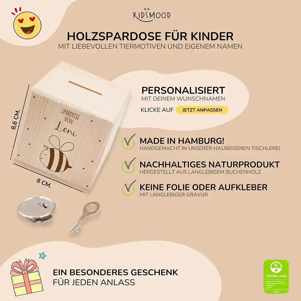Spardose Kinder, Sparschwein personalisiert - Süße Biene mit Punkten
