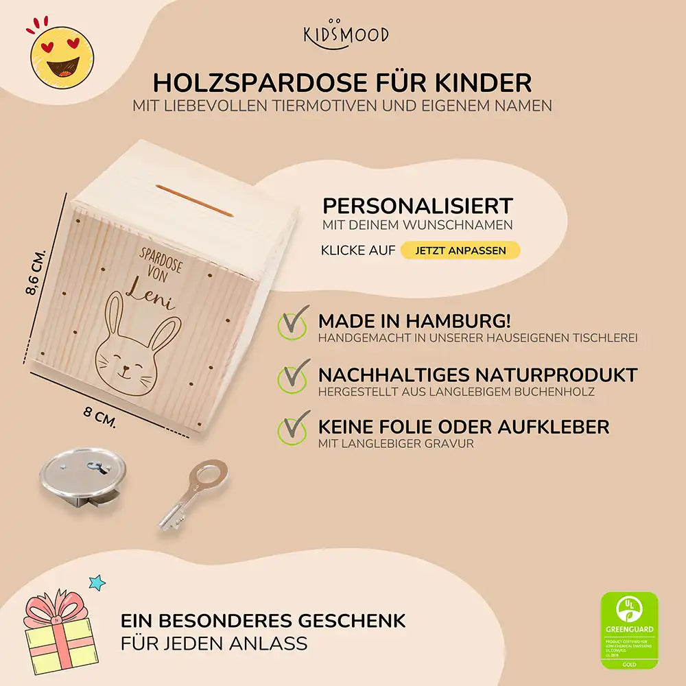 Spardose Kinder, Sparschwein personalisiert - Hase mit Punkten