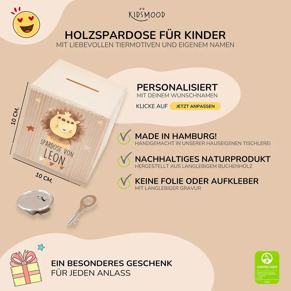 Spardose Kinder, Sparschwein personalisiert bunt - Löwe mit Sternen