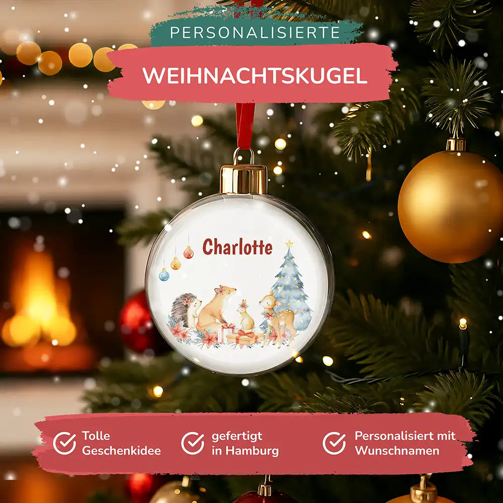 Weihnachtskugel personalisiert mit Namen - Fuchs am Tannenbaum