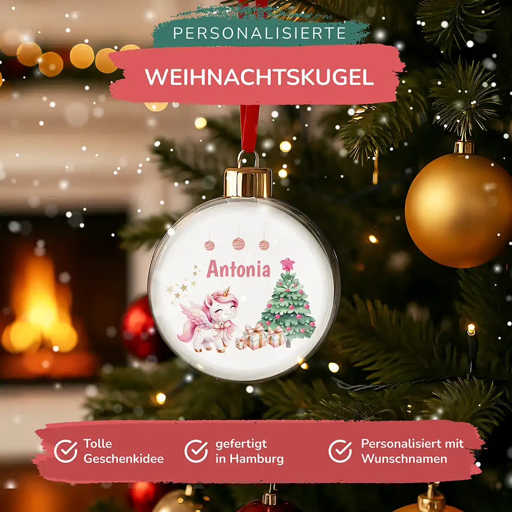 Weihnachtskugel personalisiert mit Namen - Einhorn