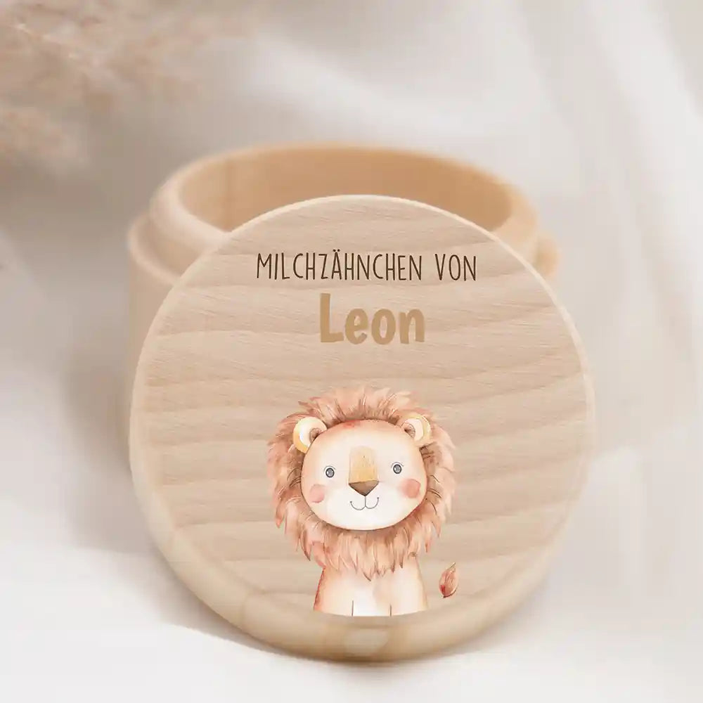 Milchzahndose für Kinder aus Holz - niedliche Tiermotive Baby Löwe