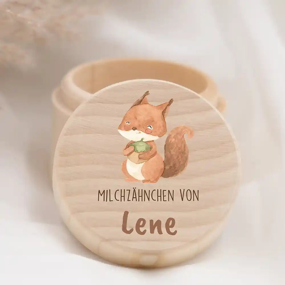 Zahndose Milchzähne personalisiert - Holz Zahnbox mit Wunschnamen - Eichhörnchen Motiv