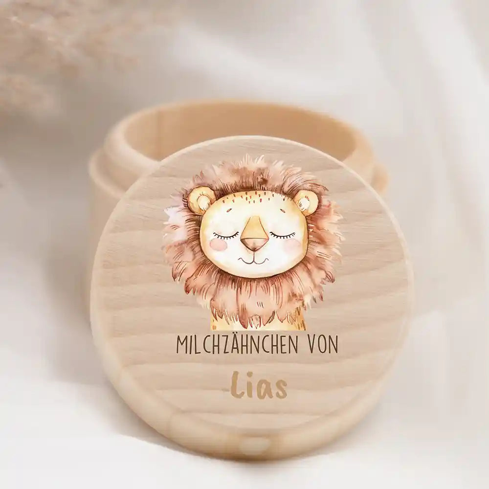 Milchzahndose für Kinder aus Holz - niedliche Tiermotive - Löwe Motiv