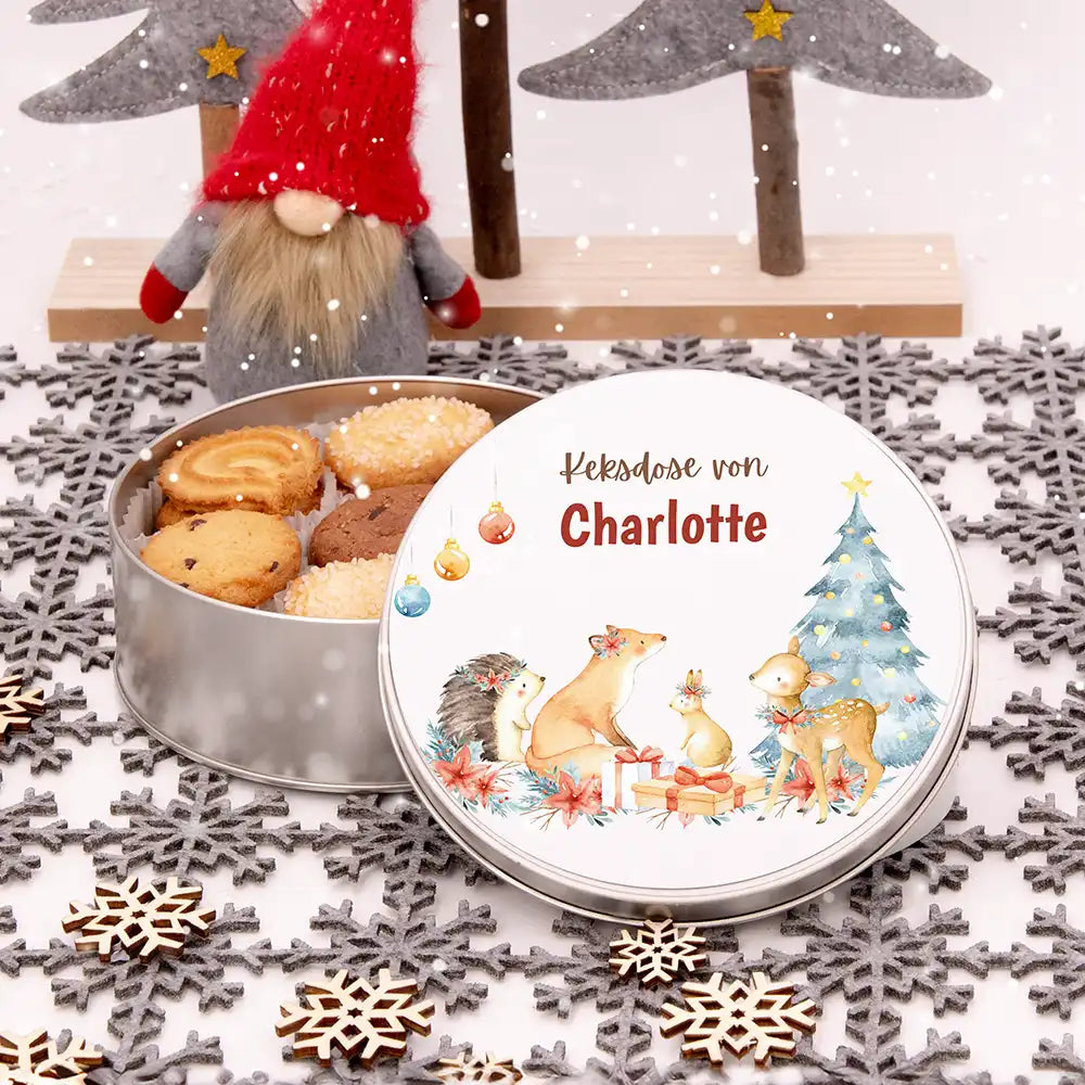 Keksdose aus Metal personalisiert - Festliche Waldfreunde