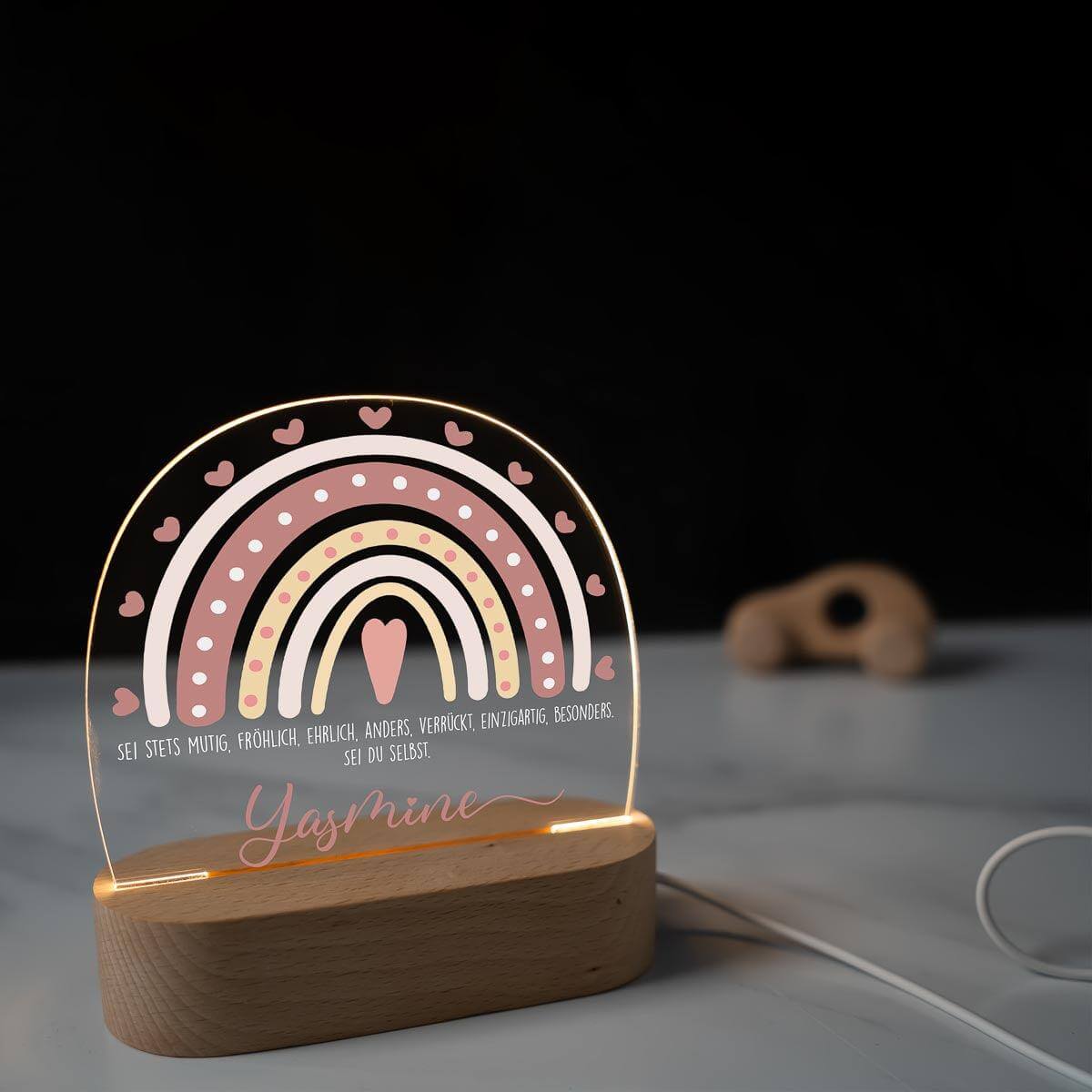 close-up of night lamp with regenbogen motif