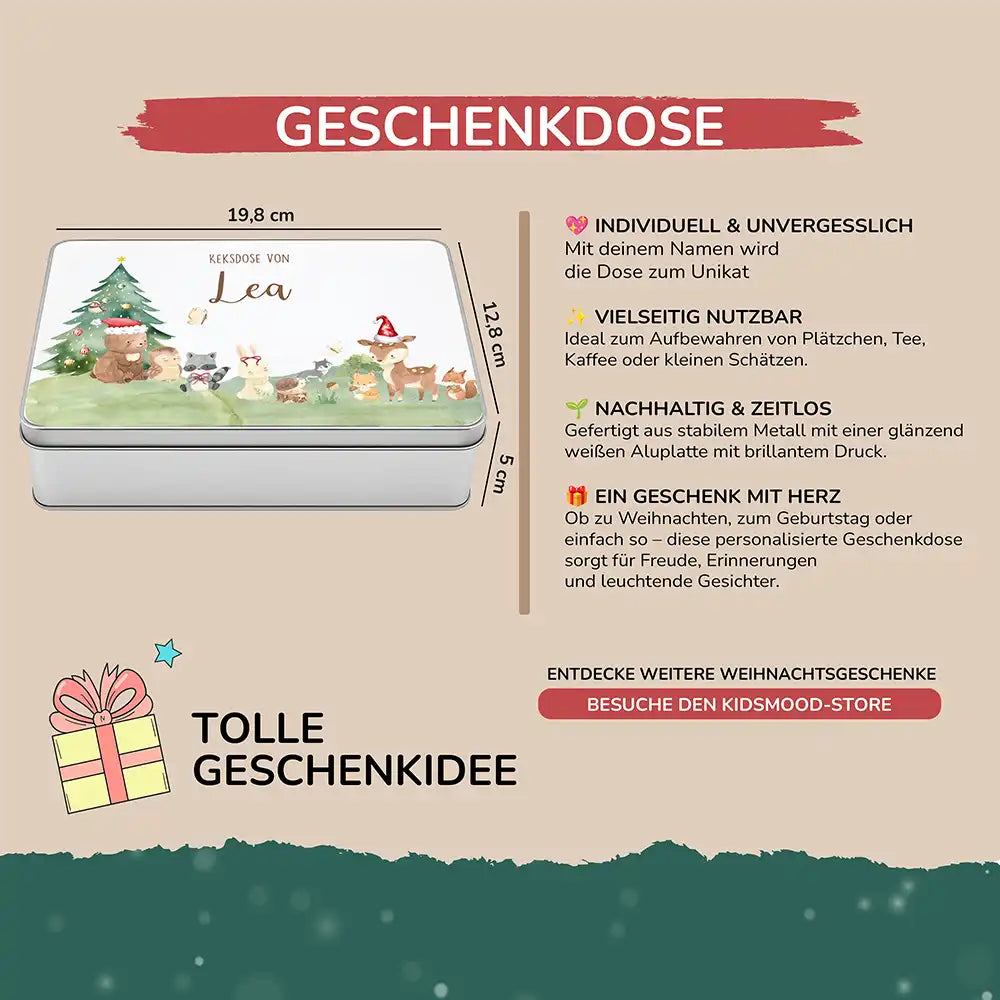 Keksdose aus Metal personalisiert - Kleine Waldbewohner im Weihnachtsglanz
