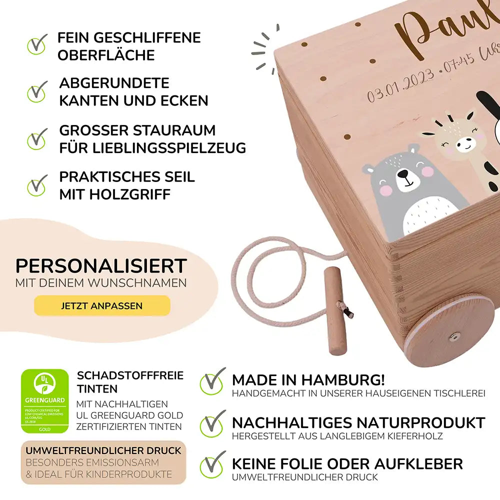 Spielzeugkiste mit Rädern personalisiert - Winterliche Waldtiere
