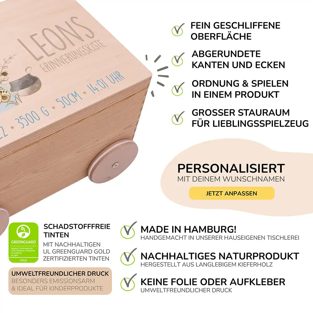 Spielzeugkiste mit Rädern personalisiert - Löwe mit Tipi