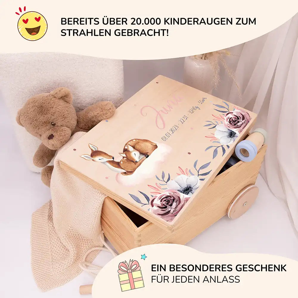 Spielzeugkiste mit Rädern personalisiert - Mama Reh