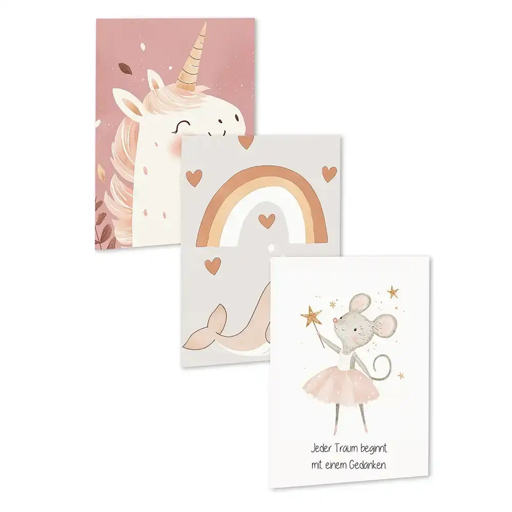Poster 3er-Set - Einhorn, Wal & Mäuschen fürs Kinderzimmer
