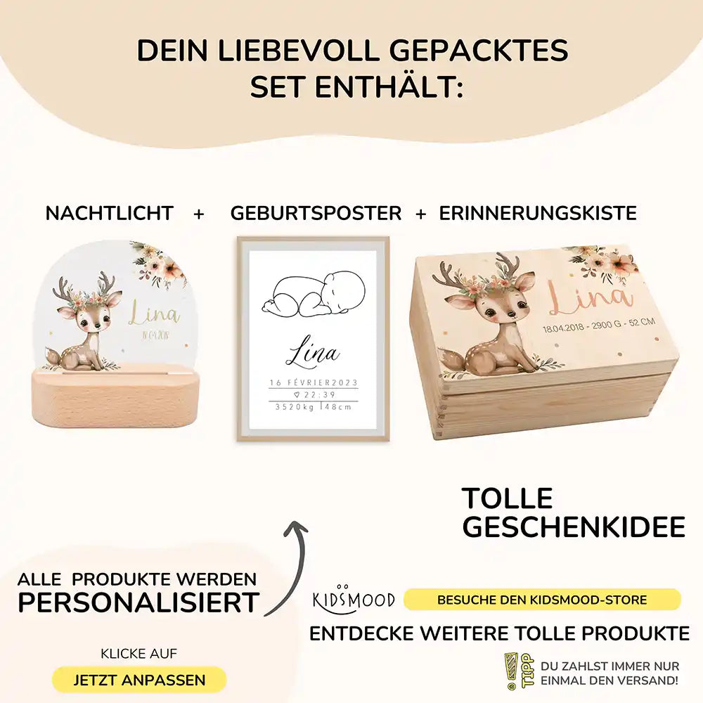 Willkommen auf der Welt – Geschenkset "Baby Reh" | Geschenk zur Geburt