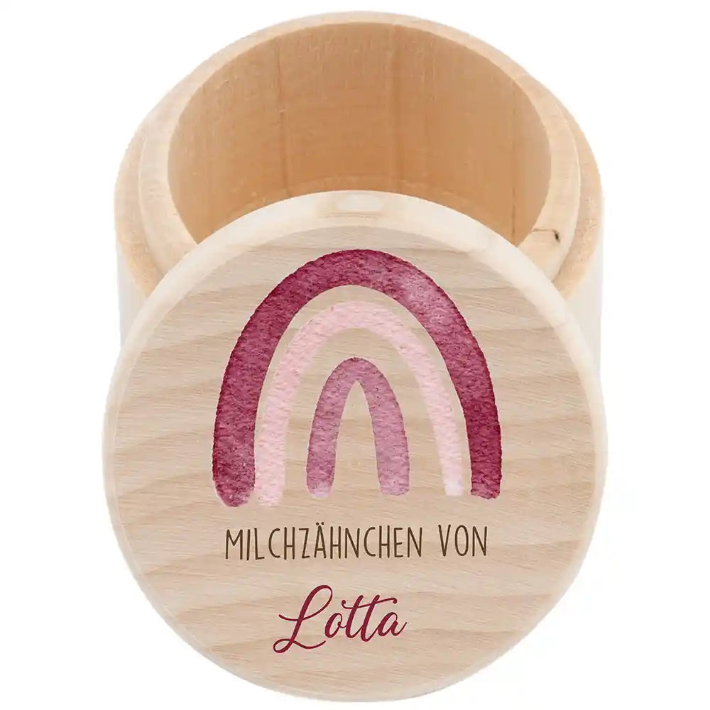 Zahndose Milchzähne personalisiert - Holz Zahnbox mit Wunschnamen - Regenbogen Motiv