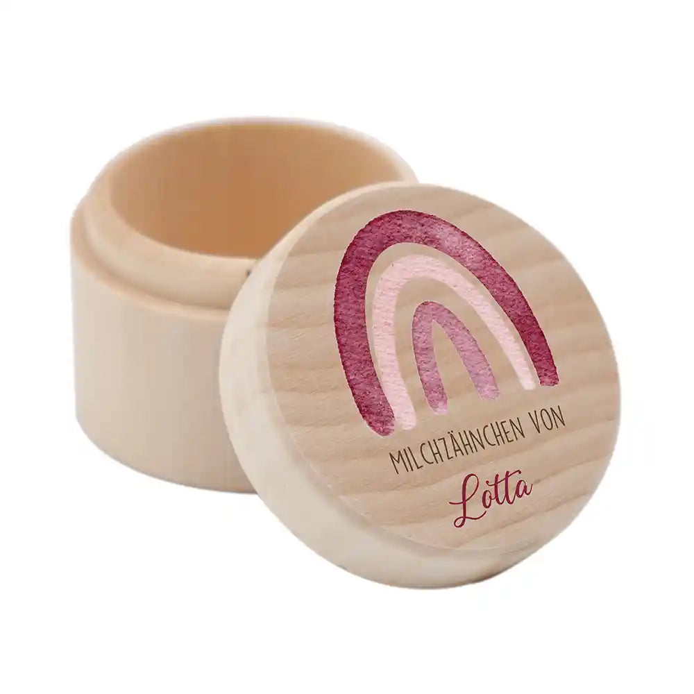 Zahndose Milchzähne personalisiert - Holz Zahnbox mit Wunschnamen - Regenbogen Motiv