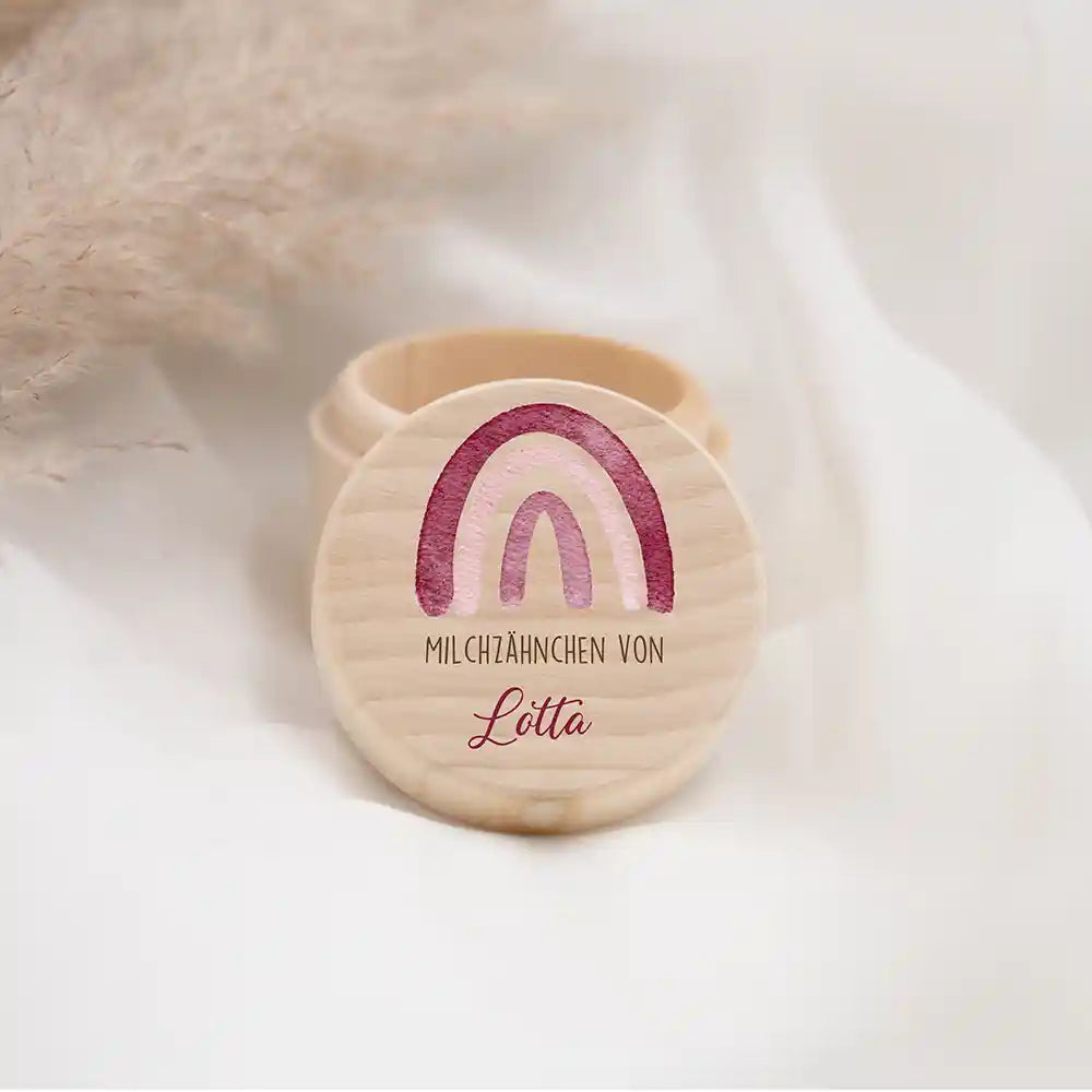 Zahndose Milchzähne personalisiert - Holz Zahnbox mit Wunschnamen - Regenbogen Motiv