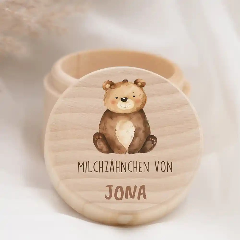 Zahndose Milchzähne personalisiert - Holz Zahnbox mit Wunschnamen - Bär Motiv