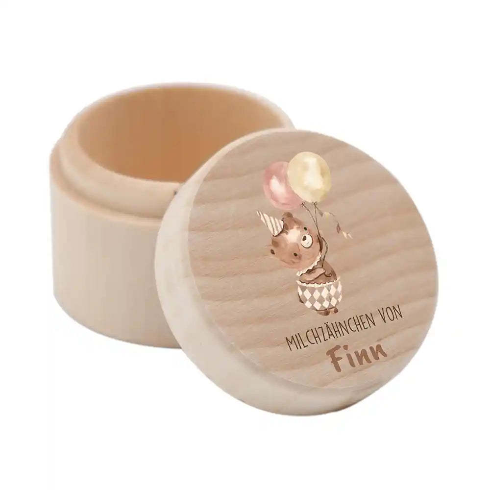 Zahndose Milchzähne personalisiert - Holz Zahnbox mit Wunschnamen - Bär mit Ballon