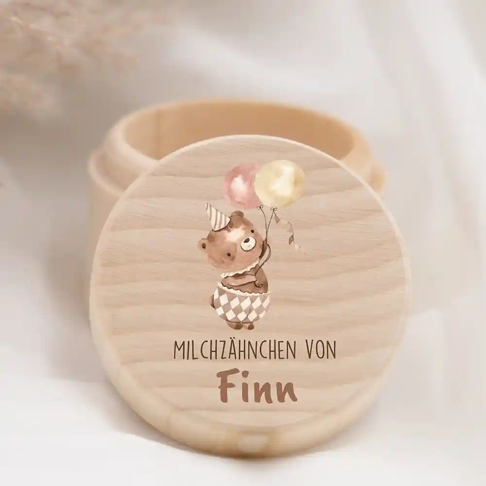 Zahndose Milchzähne personalisiert - Holz Zahnbox mit Wunschnamen - Bär mit Ballon