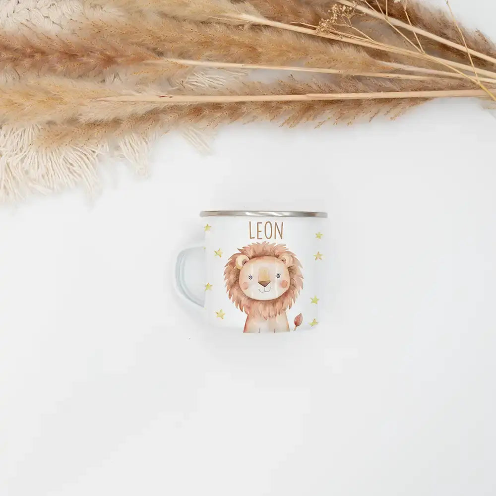 Emaille Tasse personalisiert - Löwe mit Sternen