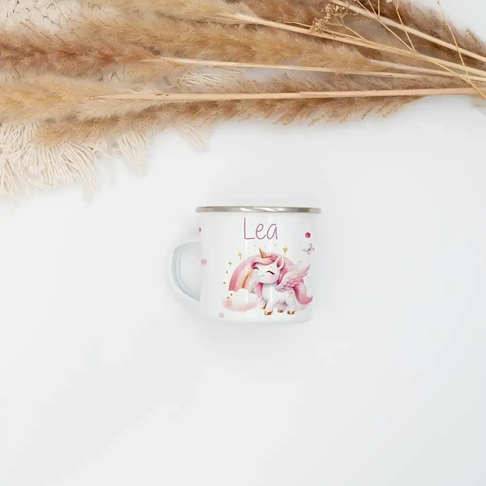 Emaille Tasse personalisiert - Einhorn und Sterne