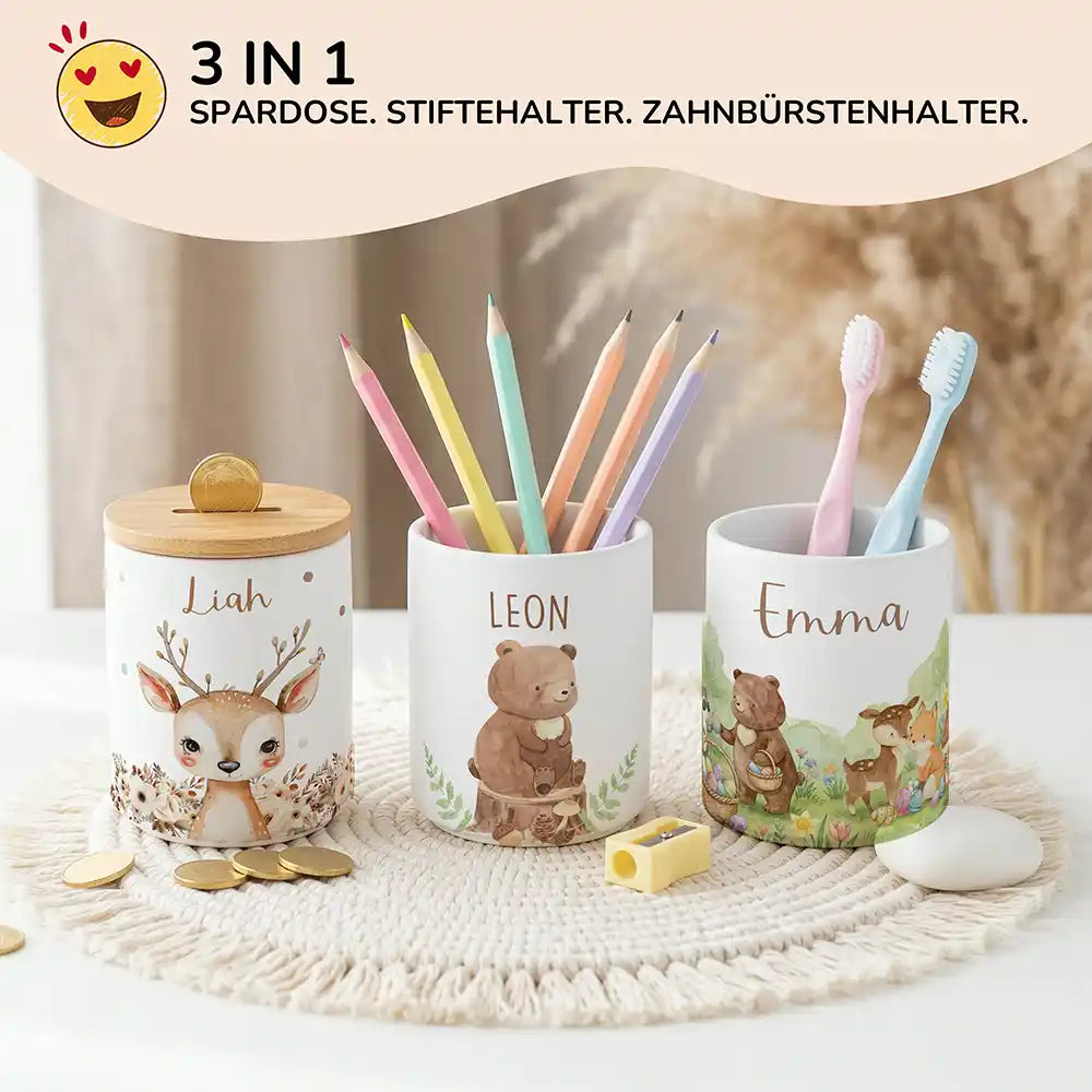 Personalisierte Spardose Bär Wald – Keramik & Bambus mit Wunschname