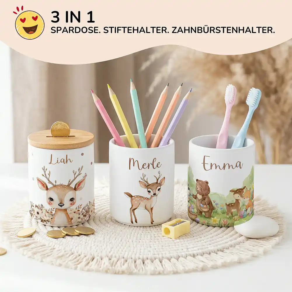 Personalisierte Spardose Rehkitz Bambi – Keramik & Bambus mit Wunschname